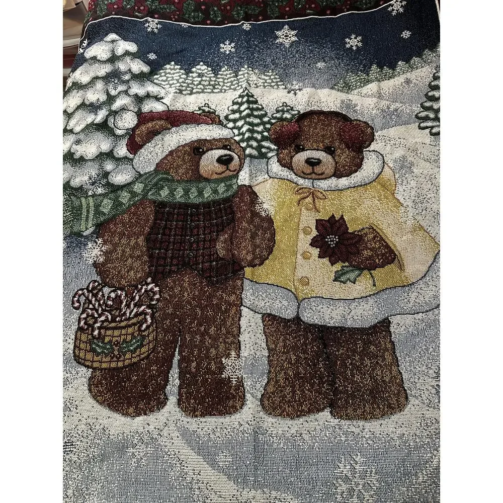 Christmas Teddy Bears Blanket Throw Fringe 58x26”‎
